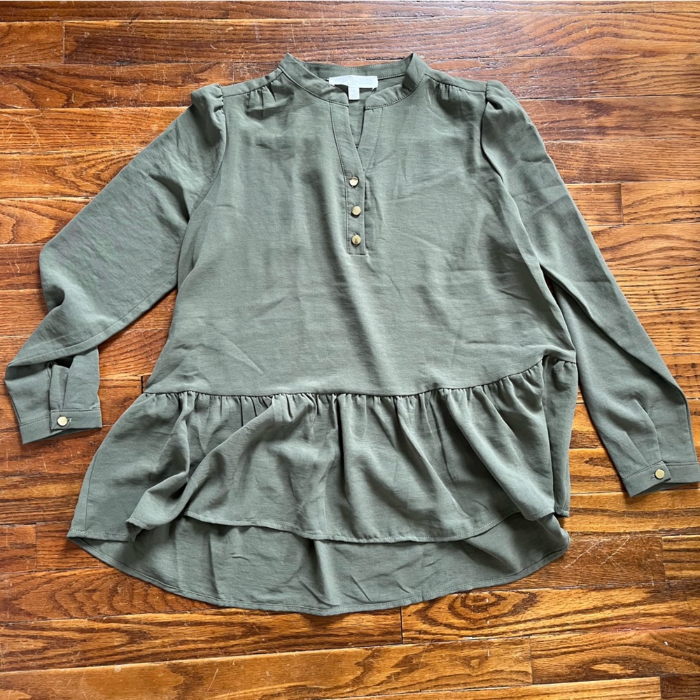 Olive green blouse with buttons.